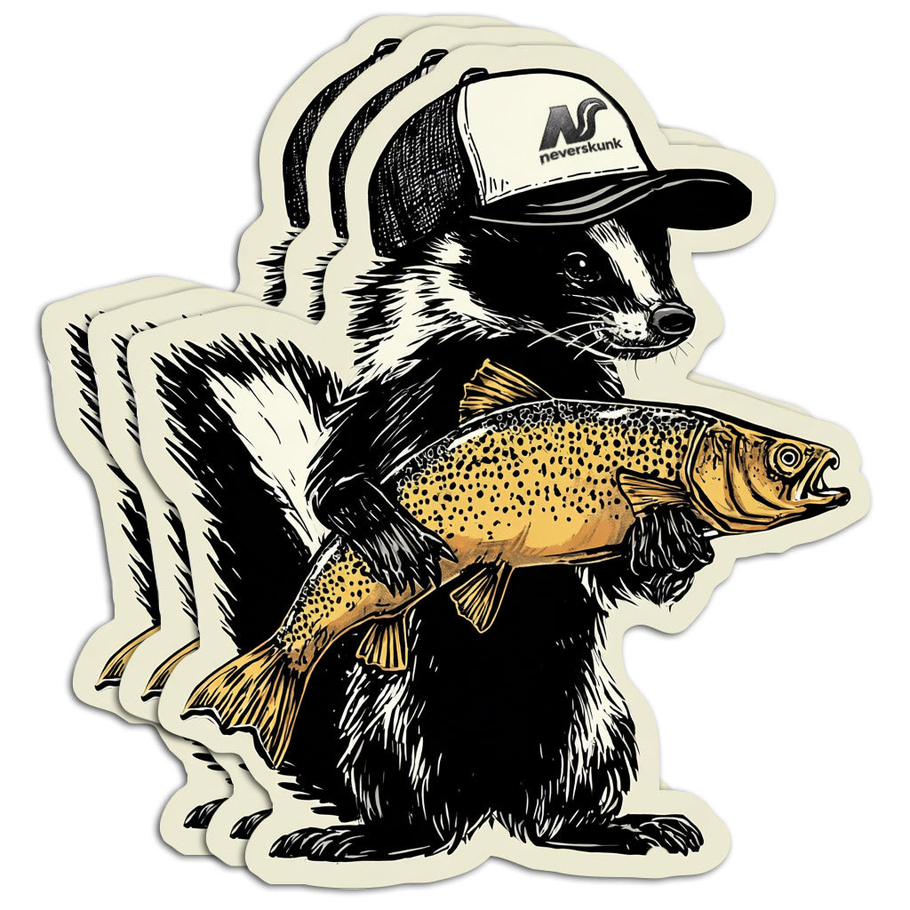 “Stanky” the Skunk with Brown Trout 4"x3.5" Die Cut Sticker